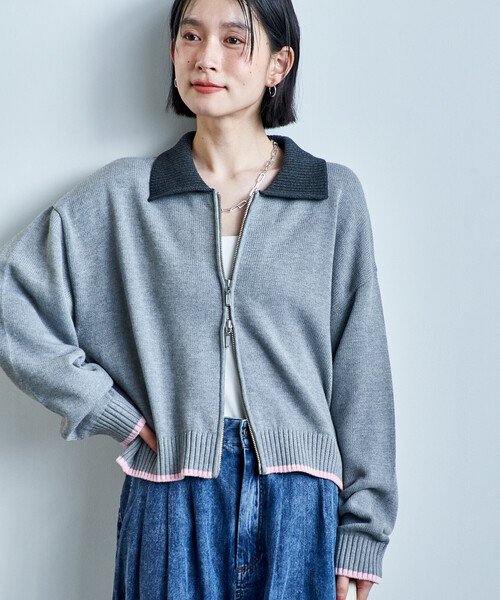 FREAK'S STORE(フリークスストア)の「ポロ襟 配色 ジップカーディガン/バイオウォッシュ加工ニット/ダブルジップポロニットカーディガン(カーディガン/ボレロ・レディース・オフホワイト/グレー/ブラウン・フリ-)」の15枚目の写真