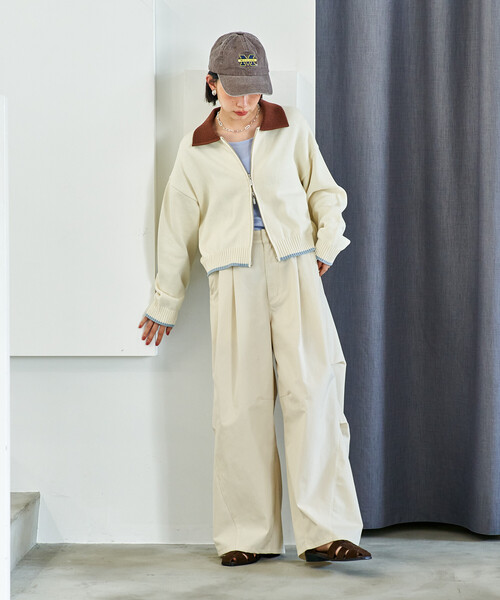 FREAK'S STORE(フリークスストア)の「ポロ襟 配色 ジップカーディガン/バイオウォッシュ加工ニット/ダブルジップポロニットカーディガン(カーディガン/ボレロ・レディース・オフホワイト/グレー/ブラウン・フリ-)」の19枚目の写真