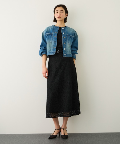 ROPE'（ロペ）の「ベルト付きセミフレアレーススカート/イージーケア（スカート・レディース・ブラック/オフホワイト・36/38）」の4枚目の写真