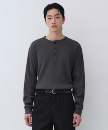 ワッフルヘンリーネック長袖Tシャツ[ダークグレー]
