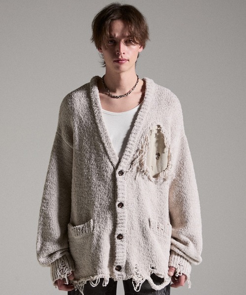 GRANCY（グランシー）の「【GRANCY】Damage Boucle Knit Cardigan / ダメージデザインブークレニットカーディガン（カーディガン/ボレロ・メンズ・ブラック/グレイッシュベージュ/カーキ・S/L/M）」の2枚目の写真
