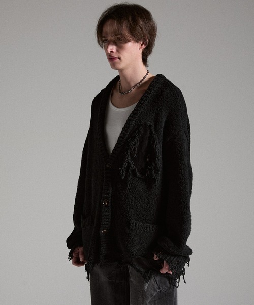 GRANCY グランシー ブラック カーディガン ダメージ加工 GRANCY】Damage Boucle Knit Cardigan / ダメージデザインブークレ