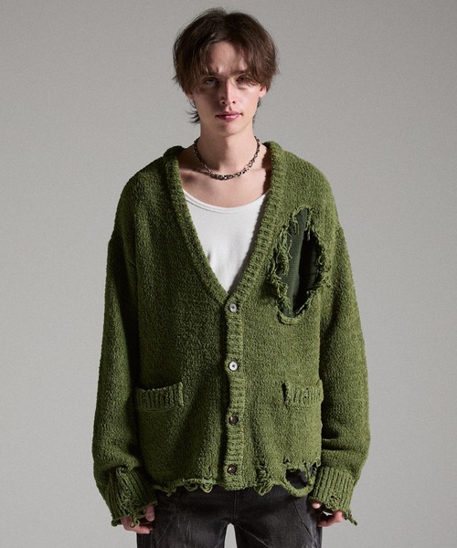 GRANCY（グランシー）の「【GRANCY】Damage Boucle Knit Cardigan / ダメージデザインブークレニットカーディガン（カーディガン/ボレロ・メンズ・ブラック/グレイッシュベージュ/カーキ・S/L/M）」の4枚目の写真