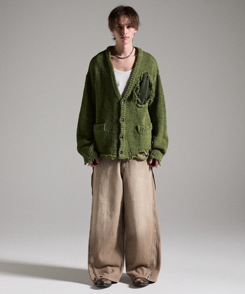 GRANCY（グランシー）の「【GRANCY】Damage Boucle Knit Cardigan / ダメージデザインブークレニットカーディガン（カーディガン/ボレロ・メンズ・ブラック/グレイッシュベージュ/カーキ・S/L/M）」の5枚目の写真