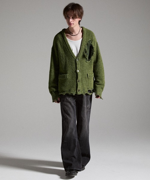 GRANCY（グランシー）の「【GRANCY】Damage Boucle Knit Cardigan / ダメージデザインブークレニットカーディガン（カーディガン/ボレロ・メンズ・ブラック/グレイッシュベージュ/カーキ・S/L/M）」の21枚目の写真