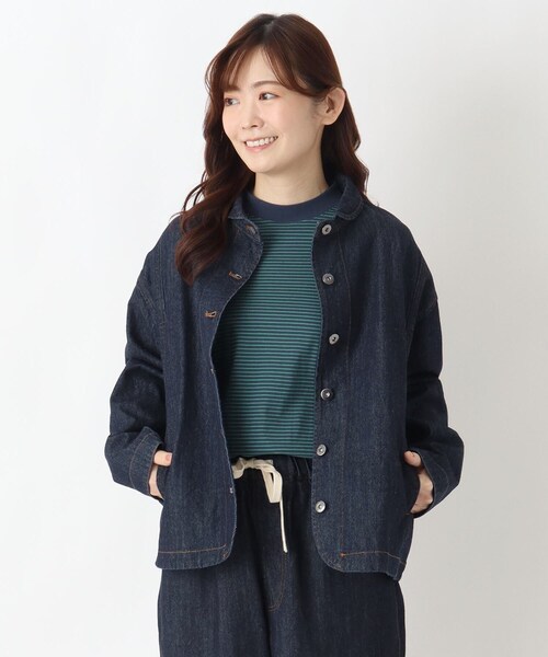 one'sterrace（ワンズテラス）の「ツイル&デニム丸襟ジャケット（デニムジャケット・レディース・ベージュ系8/ネイビー系5・02）」の2枚目の写真