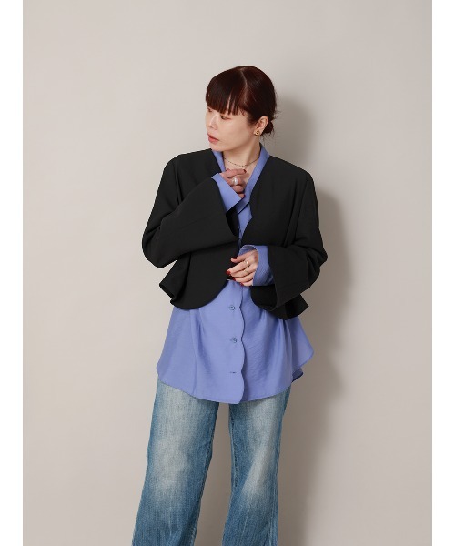 CIS.（シス）の「CIS. カーブショートジャケット ウォッシャブル ストレッチ ポリエステルカルゼ 無地（テーラードジャケット・レディース・ブラック/オフホワイト・36(7号)/38(9号)）」の15枚目の写真