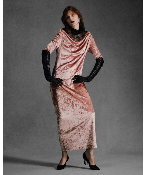 JOHN LAWRENCE SULLIVAN（ジョンローレンスサリバン）の「CRUSHED VELOUR GATHERED DRESS（ドレス・レディース・ブラック/ボルドー・SMALL）」の4枚目の写真