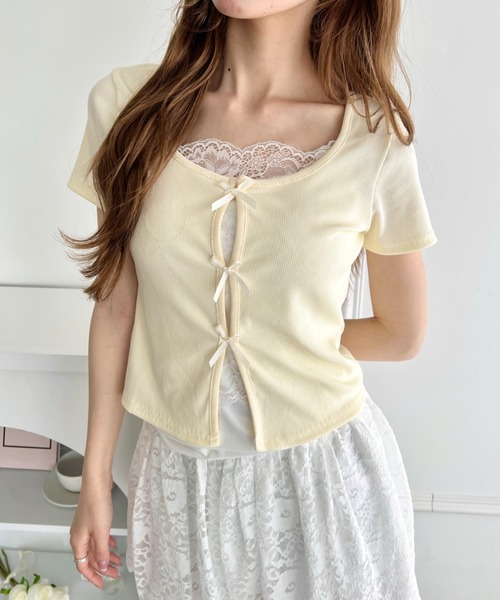 Loueme(ルエム)の「リボンレースレイヤードトップス(Tシャツ/カットソー・レディース・グレー/ブラック/ライトブルー/ホワイト/イエロー・FREE)」の5枚目の写真