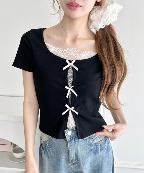 Loueme(ルエム)の「リボンレースレイヤードトップス(Tシャツ/カットソー・レディース・グレー/ブラック/ライトブルー/ホワイト/イエロー・FREE)」の1枚目の写真
