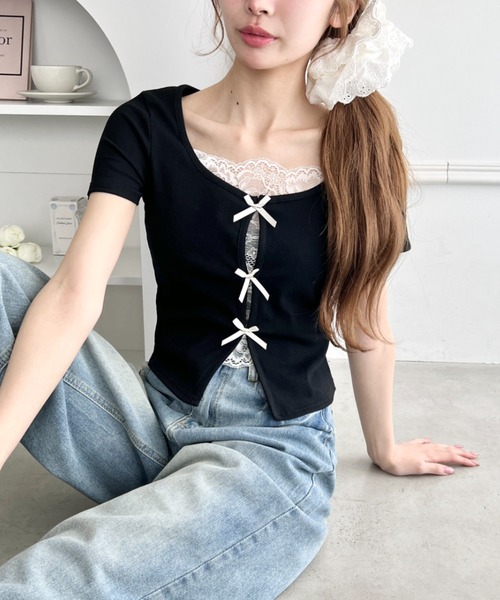 Loueme(ルエム)の「リボンレースレイヤードトップス(Tシャツ/カットソー・レディース・グレー/ブラック/ライトブルー/ホワイト/イエロー・FREE)」の7枚目の写真