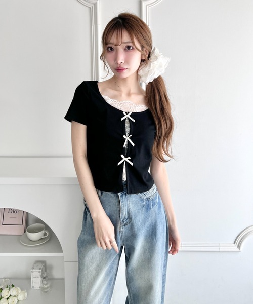 Loueme(ルエム)の「リボンレースレイヤードトップス(Tシャツ/カットソー・レディース・グレー/ブラック/ライトブルー/ホワイト/イエロー・FREE)」の8枚目の写真