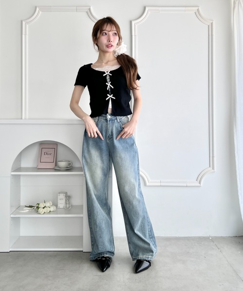 Loueme(ルエム)の「リボンレースレイヤードトップス(Tシャツ/カットソー・レディース・グレー/ブラック/ライトブルー/ホワイト/イエロー・FREE)」の14枚目の写真