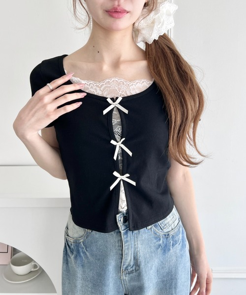 Loueme(ルエム)の「リボンレースレイヤードトップス(Tシャツ/カットソー・レディース・グレー/ブラック/ライトブルー/ホワイト/イエロー・FREE)」の6枚目の写真