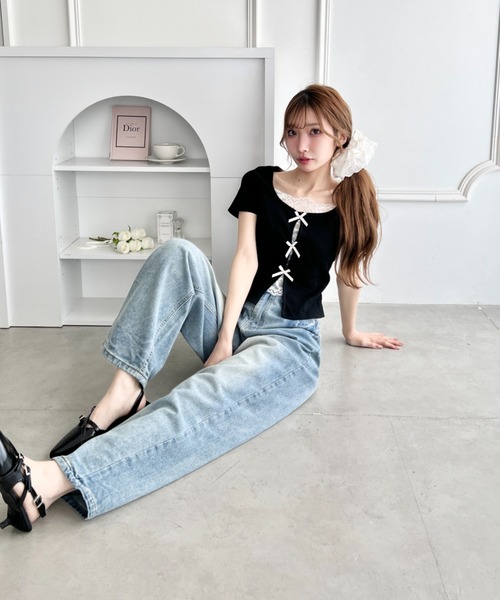 Loueme(ルエム)の「リボンレースレイヤードトップス(Tシャツ/カットソー・レディース・グレー/ブラック/ライトブルー/ホワイト/イエロー・FREE)」の10枚目の写真