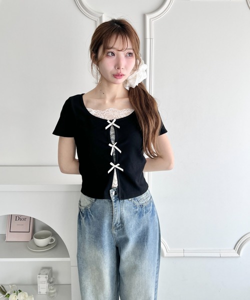 Loueme(ルエム)の「リボンレースレイヤードトップス(Tシャツ/カットソー・レディース・グレー/ブラック/ライトブルー/ホワイト/イエロー・FREE)」の9枚目の写真