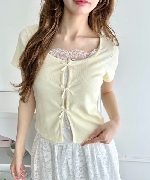 Loueme(ルエム)の「リボンレースレイヤードトップス(Tシャツ/カットソー・レディース・グレー/ブラック/ライトブルー/ホワイト/イエロー・FREE)」の15枚目の写真