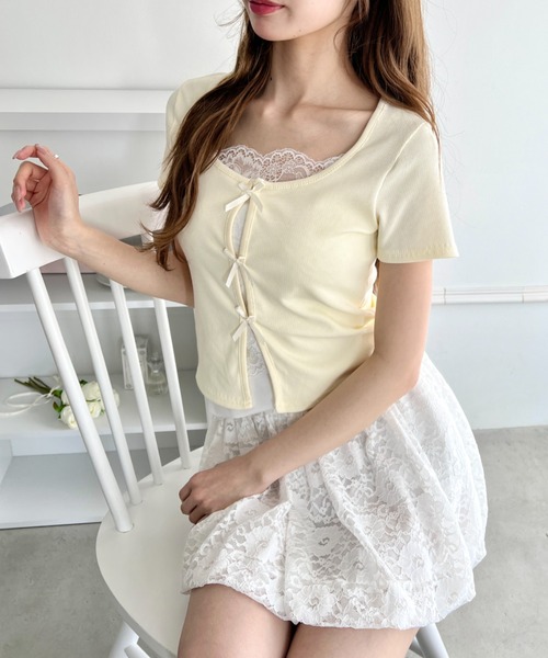 Loueme(ルエム)の「リボンレースレイヤードトップス(Tシャツ/カットソー・レディース・グレー/ブラック/ライトブルー/ホワイト/イエロー・FREE)」の16枚目の写真