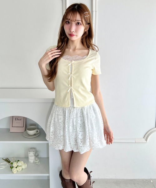 Loueme(ルエム)の「リボンレースレイヤードトップス(Tシャツ/カットソー・レディース・グレー/ブラック/ライトブルー/ホワイト/イエロー・FREE)」の18枚目の写真