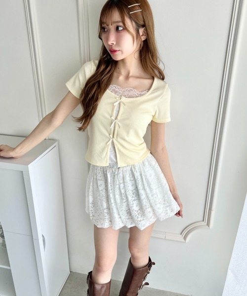 Loueme(ルエム)の「リボンレースレイヤードトップス(Tシャツ/カットソー・レディース・グレー/ブラック/ライトブルー/ホワイト/イエロー・FREE)」の17枚目の写真