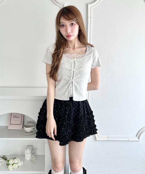 Loueme(ルエム)の「リボンレースレイヤードトップス(Tシャツ/カットソー・レディース・グレー/ブラック/ライトブルー/ホワイト/イエロー・FREE)」の22枚目の写真