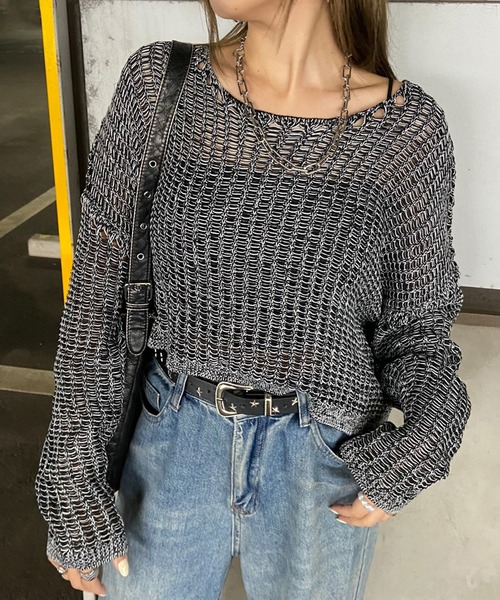 non-hedge(ノンヘッジ)の「ミックス風透かしニットトップス(ニット/セーター・レディース・ブラック/モカ/チャコールグレー/グレー・FREE)」の3枚目の写真