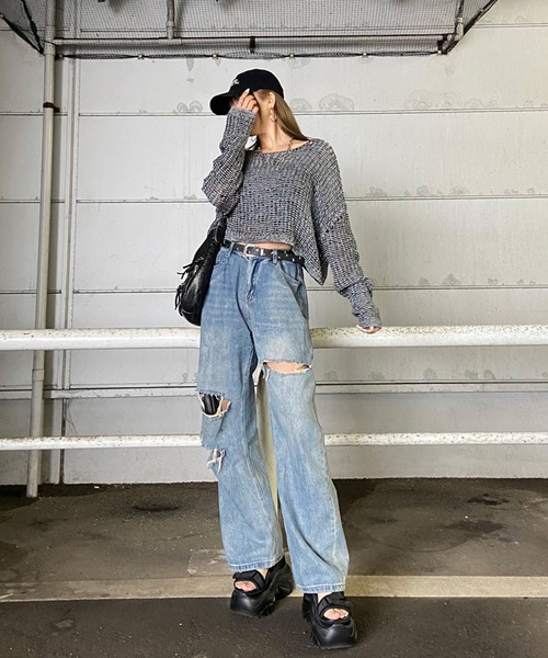 non-hedge(ノンヘッジ)の「ミックス風透かしニットトップス(ニット/セーター・レディース・ブラック/モカ/チャコールグレー/グレー・FREE)」の19枚目の写真