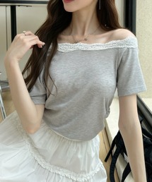 襟元フリル ボートネック サイドギャザー 半袖 カットソー