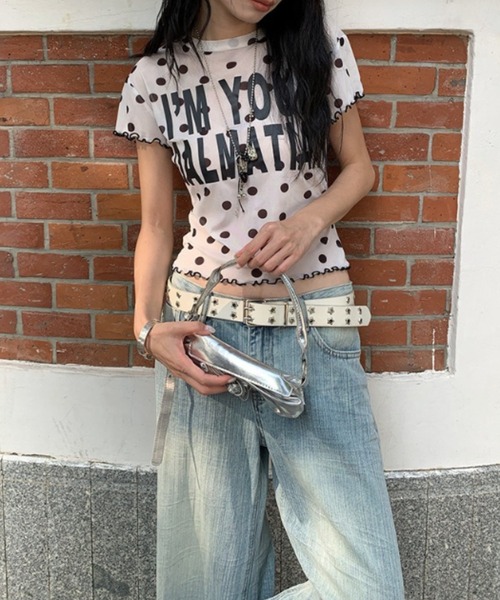lilful(リルフル)の「【26年春夏新作】ドット柄 レタリングロゴ 半袖シアートップス(Tシャツ/カットソー・レディース・ブラック/ホワイト・F)」の14枚目の写真