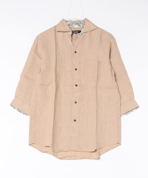 セール】プレミアムフレンチリネン七分袖スキッパーシャツ/麻100