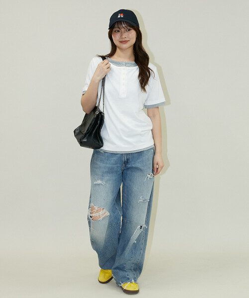 PUBLUX(パブリュクス)の「PUBLUX/パブリュクス 配色 レイヤード風 ヘンリーネック Tシャツ 限定展開(Tシャツ/カットソー・レディース・ブラウン/ネイビー/オフホワイト/グレー・フリ-)」の9枚目の写真