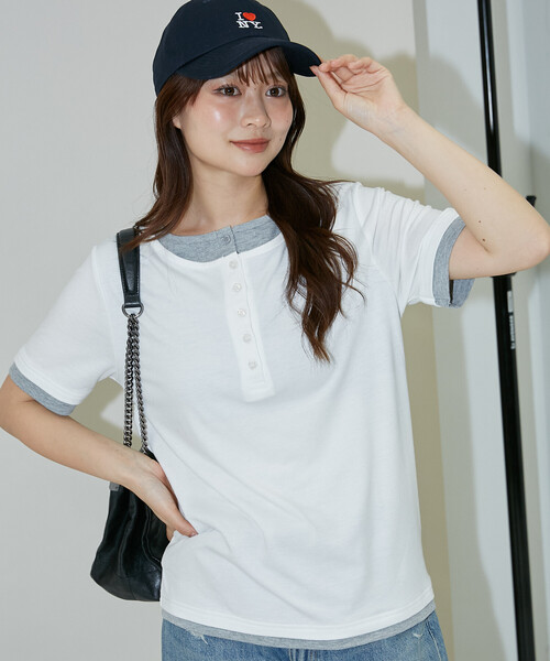 PUBLUX(パブリュクス)の「PUBLUX/パブリュクス 配色 レイヤード風 ヘンリーネック Tシャツ 限定展開(Tシャツ/カットソー・レディース・ブラウン/ネイビー/オフホワイト/グレー・フリ-)」の12枚目の写真