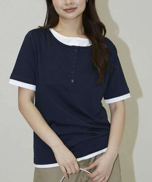 PUBLUX(パブリュクス)の「PUBLUX/パブリュクス 配色 レイヤード風 ヘンリーネック Tシャツ 限定展開(Tシャツ/カットソー・レディース・ブラウン/ネイビー/オフホワイト/グレー・フリ-)」の20枚目の写真