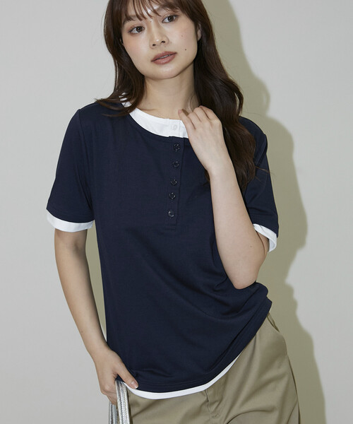 PUBLUX(パブリュクス)の「PUBLUX/パブリュクス 配色 レイヤード風 ヘンリーネック Tシャツ 限定展開(Tシャツ/カットソー・レディース・ブラウン/ネイビー/オフホワイト/グレー・フリ-)」の22枚目の写真