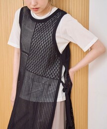 パッチワーク風 透かし編みメッシュニットロングジレ