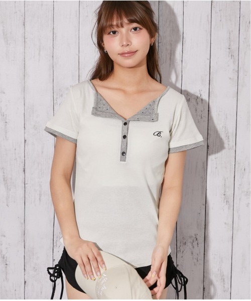 GORGE(ゴージ)の「《ドット柄切替×細見え》リブカットソー/フェミニン/春夏秋/全3色(Tシャツ/カットソー・レディース・ブラック/グレー/オフホワイト・F)」の1枚目の写真