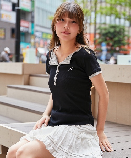 GORGE(ゴージ)の「《ドット柄切替×細見え》リブカットソー/フェミニン/春夏秋/全3色(Tシャツ/カットソー・レディース・ブラック/グレー/オフホワイト・F)」の2枚目の写真