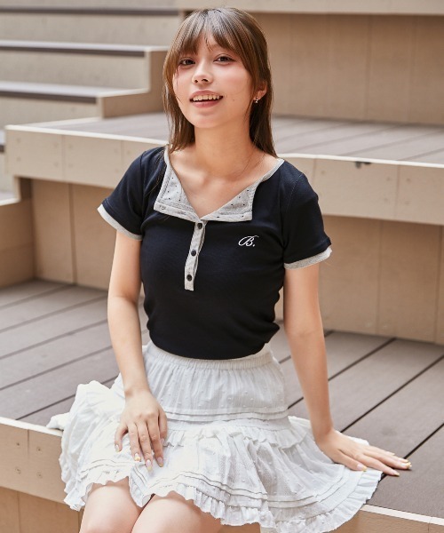 GORGE(ゴージ)の「《ドット柄切替×細見え》リブカットソー/フェミニン/春夏秋/全3色(Tシャツ/カットソー・レディース・ブラック/グレー/オフホワイト・F)」の8枚目の写真