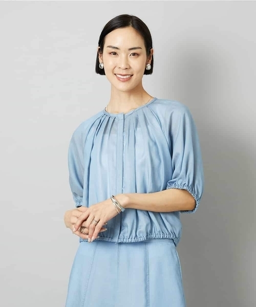 MICHEL KLEIN（ミッシェル・クラン）の「[セットアップ対応]デニムライク ギャザーブラウス（シャツ/ブラウス・レディース・ネイビー/ダークインディゴブルー・40/38）」の20枚目の写真
