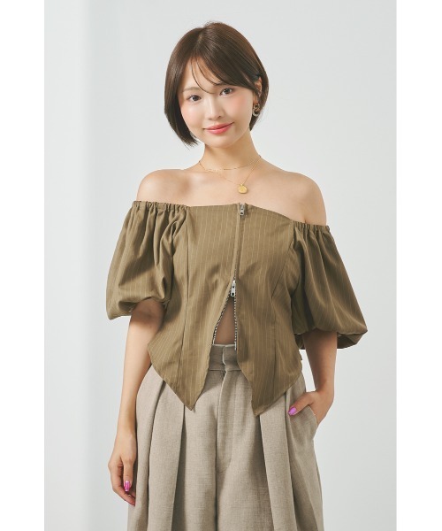 SHEL’TTER（シェルター）の「オフショルバルーンスリーブダブルジップトップス（シャツ/ブラウス・レディース・カーキ/ダークグレー・FREE）」の10枚目の写真
