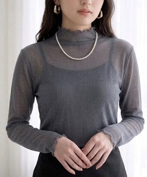 Semi-Sheer High Neck Lettuce-Edge T-Shirt / セミシアーハイネックメローTシャツ / 透け感トップス 大人フェミニン レディース カットソー 長袖
