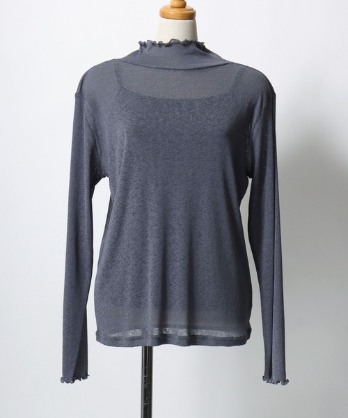 ANPAS(アンパス)の「Semi-Sheer High Neck Lettuce-Edge T-Shirt / セミシアーハイネックメローTシャツ / 透け感トップス 大人フェミニン レディース カットソー 長袖(Tシャツ/カットソー・レディース・ブラック/ブルーグレー/クリーム/ダークブラウン・M/L)」の9枚目の写真