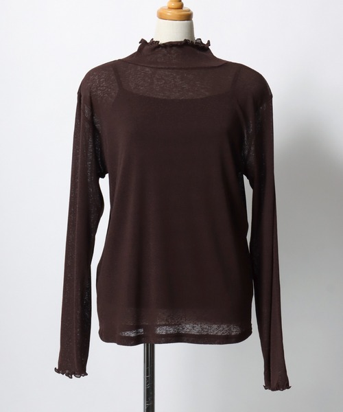 ANPAS(アンパス)の「Semi-Sheer High Neck Lettuce-Edge T-Shirt / セミシアーハイネックメローTシャツ / 透け感トップス 大人フェミニン レディース カットソー 長袖(Tシャツ/カットソー・レディース・ブラック/ブルーグレー/クリーム/ダークブラウン・M/L)」の16枚目の写真