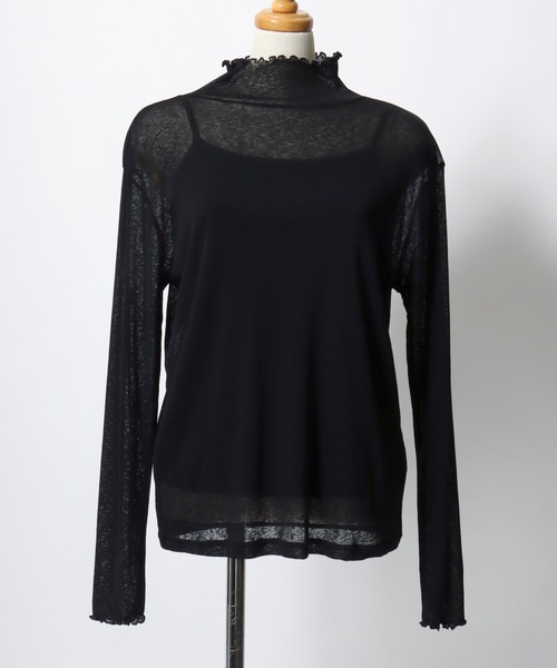 ANPAS(アンパス)の「Semi-Sheer High Neck Lettuce-Edge T-Shirt / セミシアーハイネックメローTシャツ / 透け感トップス 大人フェミニン レディース カットソー 長袖(Tシャツ/カットソー・レディース・ブラック/ブルーグレー/クリーム/ダークブラウン・M/L)」の5枚目の写真
