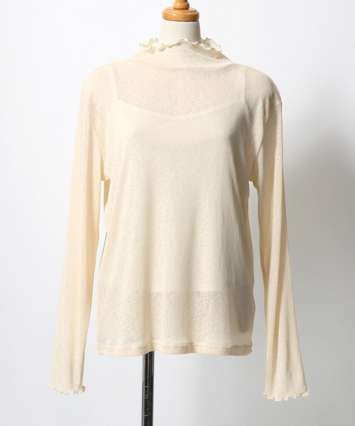 ANPAS(アンパス)の「Semi-Sheer High Neck Lettuce-Edge T-Shirt / セミシアーハイネックメローTシャツ / 透け感トップス 大人フェミニン レディース カットソー 長袖(Tシャツ/カットソー・レディース・ブラック/ブルーグレー/クリーム/ダークブラウン・M/L)」の20枚目の写真