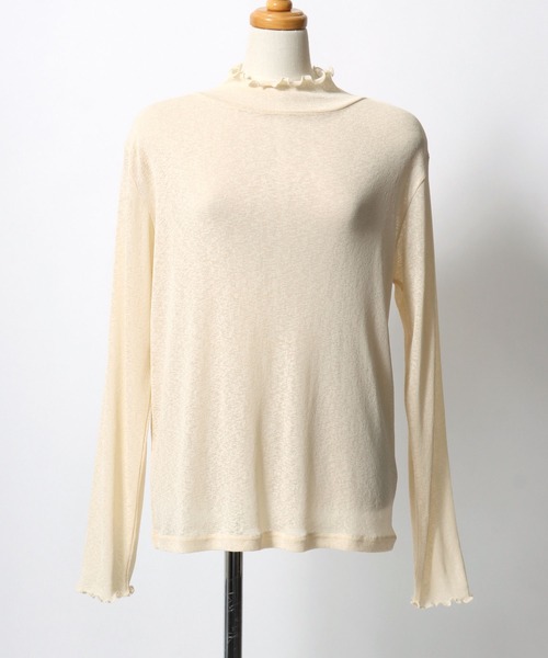 ANPAS(アンパス)の「Semi-Sheer High Neck Lettuce-Edge T-Shirt / セミシアーハイネックメローTシャツ / 透け感トップス 大人フェミニン レディース カットソー 長袖(Tシャツ/カットソー・レディース・ブラック/ブルーグレー/クリーム/ダークブラウン・M/L)」の21枚目の写真