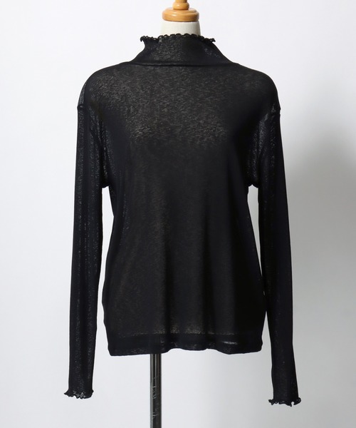 ANPAS(アンパス)の「Semi-Sheer High Neck Lettuce-Edge T-Shirt / セミシアーハイネックメローTシャツ / 透け感トップス 大人フェミニン レディース カットソー 長袖(Tシャツ/カットソー・レディース・ブラック/ブルーグレー/クリーム/ダークブラウン・M/L)」の6枚目の写真