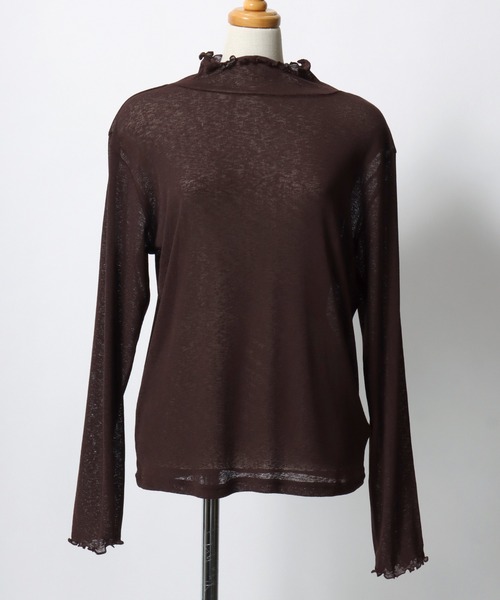 ANPAS(アンパス)の「Semi-Sheer High Neck Lettuce-Edge T-Shirt / セミシアーハイネックメローTシャツ / 透け感トップス 大人フェミニン レディース カットソー 長袖(Tシャツ/カットソー・レディース・ブラック/ブルーグレー/クリーム/ダークブラウン・M/L)」の17枚目の写真