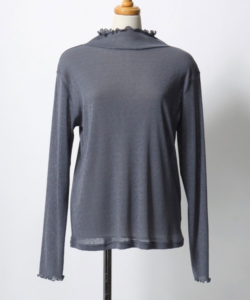 ANPAS(アンパス)の「Semi-Sheer High Neck Lettuce-Edge T-Shirt / セミシアーハイネックメローTシャツ / 透け感トップス 大人フェミニン レディース カットソー 長袖(Tシャツ/カットソー・レディース・ブラック/ブルーグレー/クリーム/ダークブラウン・M/L)」の10枚目の写真