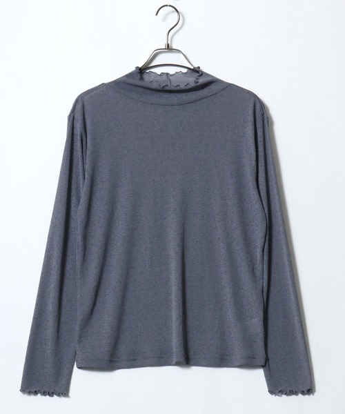 ANPAS(アンパス)の「Semi-Sheer High Neck Lettuce-Edge T-Shirt / セミシアーハイネックメローTシャツ / 透け感トップス 大人フェミニン レディース カットソー 長袖(Tシャツ/カットソー・レディース・ブラック/ブルーグレー/クリーム/ダークブラウン・M/L)」の11枚目の写真